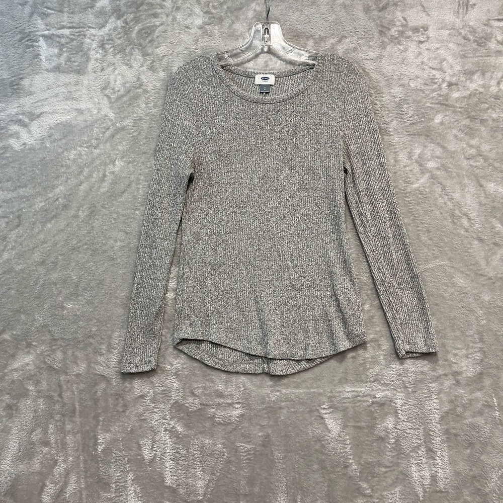 Old Navy Ribbed Knit Top Womens‎ Small Gray Long Sleeve Crew Neck Curved Hem